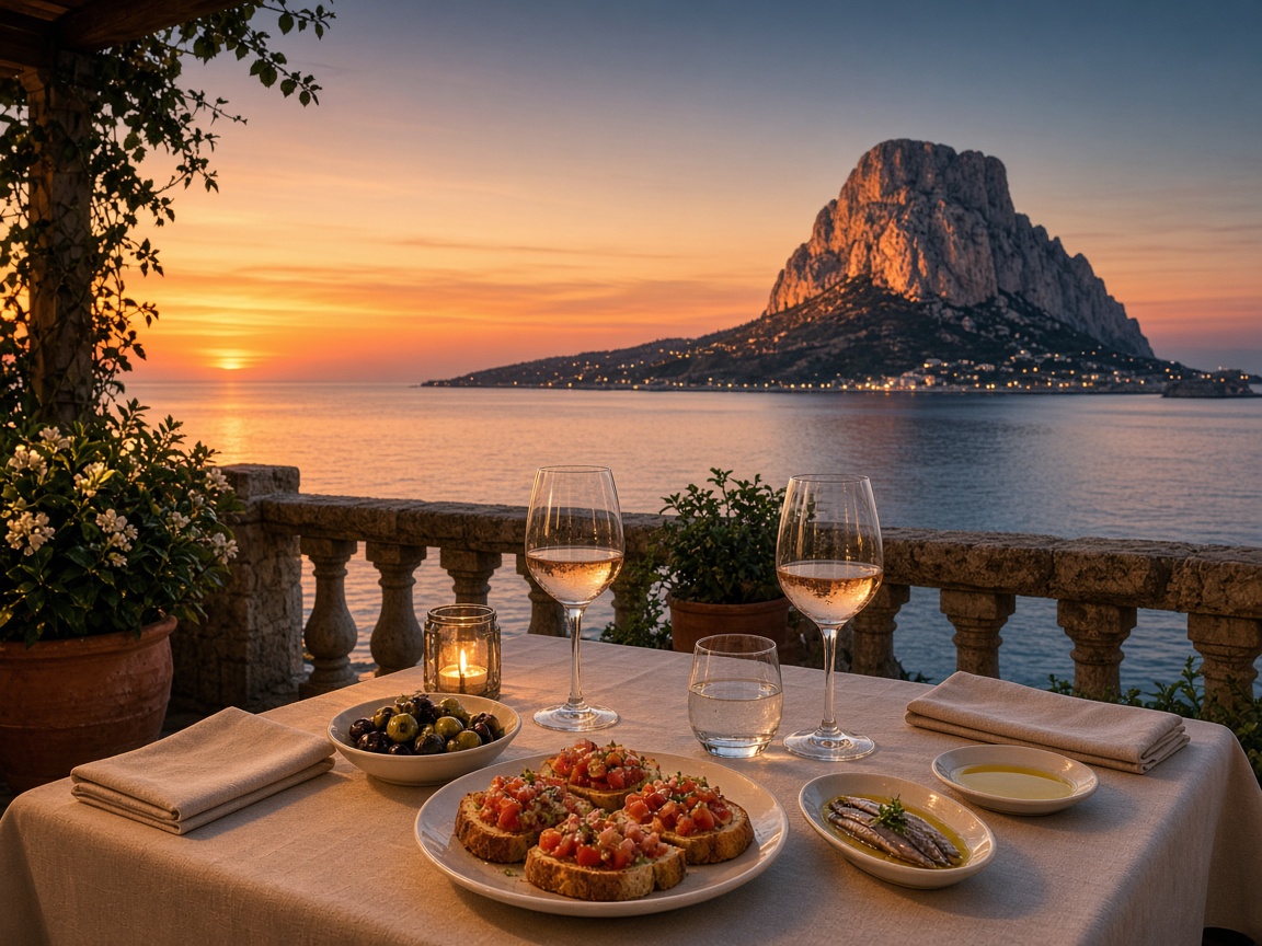 Gastronomische Terrasse bei Sonnenuntergang in Calpe